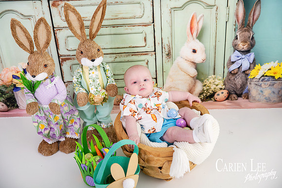 Baby in a basket in Easter photography studio