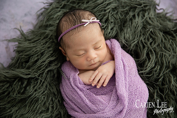 Newborn girl in Bunbury studio wrapped up in purple