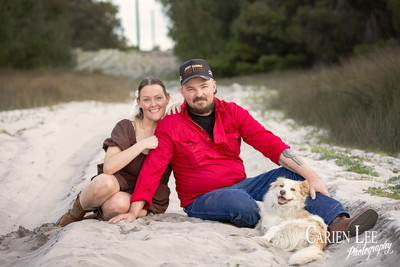 Candid laugh between couple and their dog during Bunbury engagement session