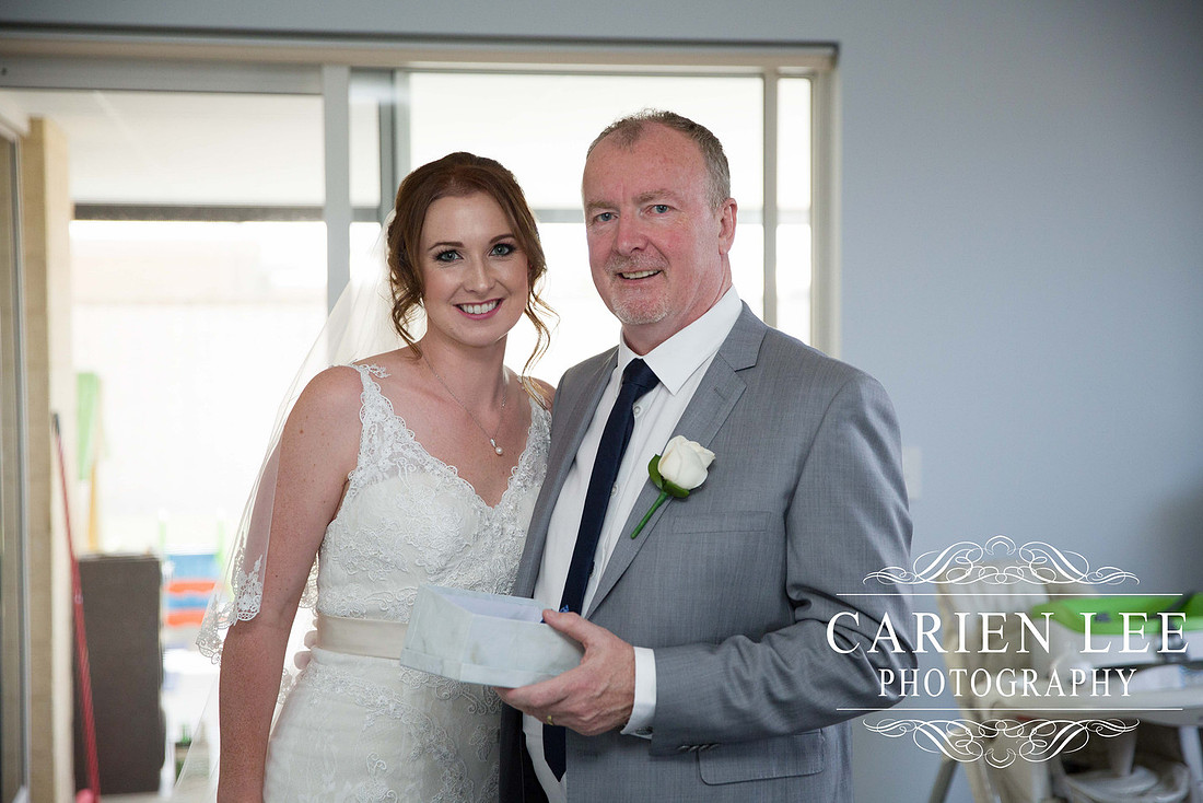 Blushing bride and father ready for busselton wedding