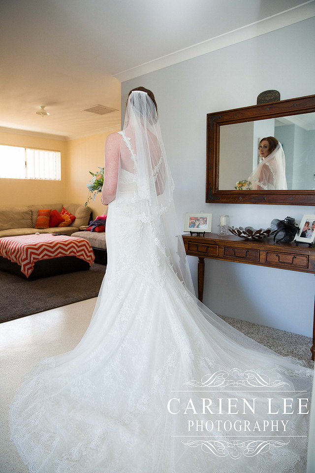 Bride in dress and train before Busselton Wedding