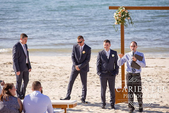 Groom and groomsmen waiting for bride at Busselton Jetty beach wedding
