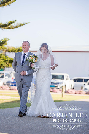 Bride arriving at beach wedding at Busselton Jetty