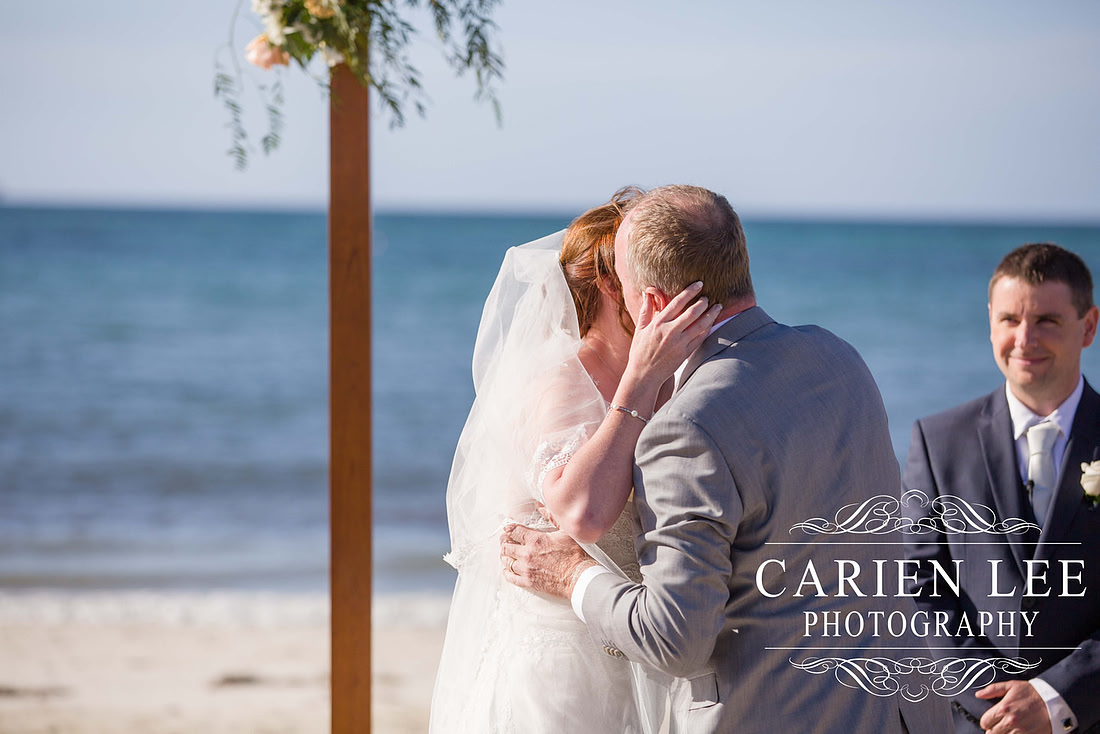 Bride arriving at beach wedding in Busselton